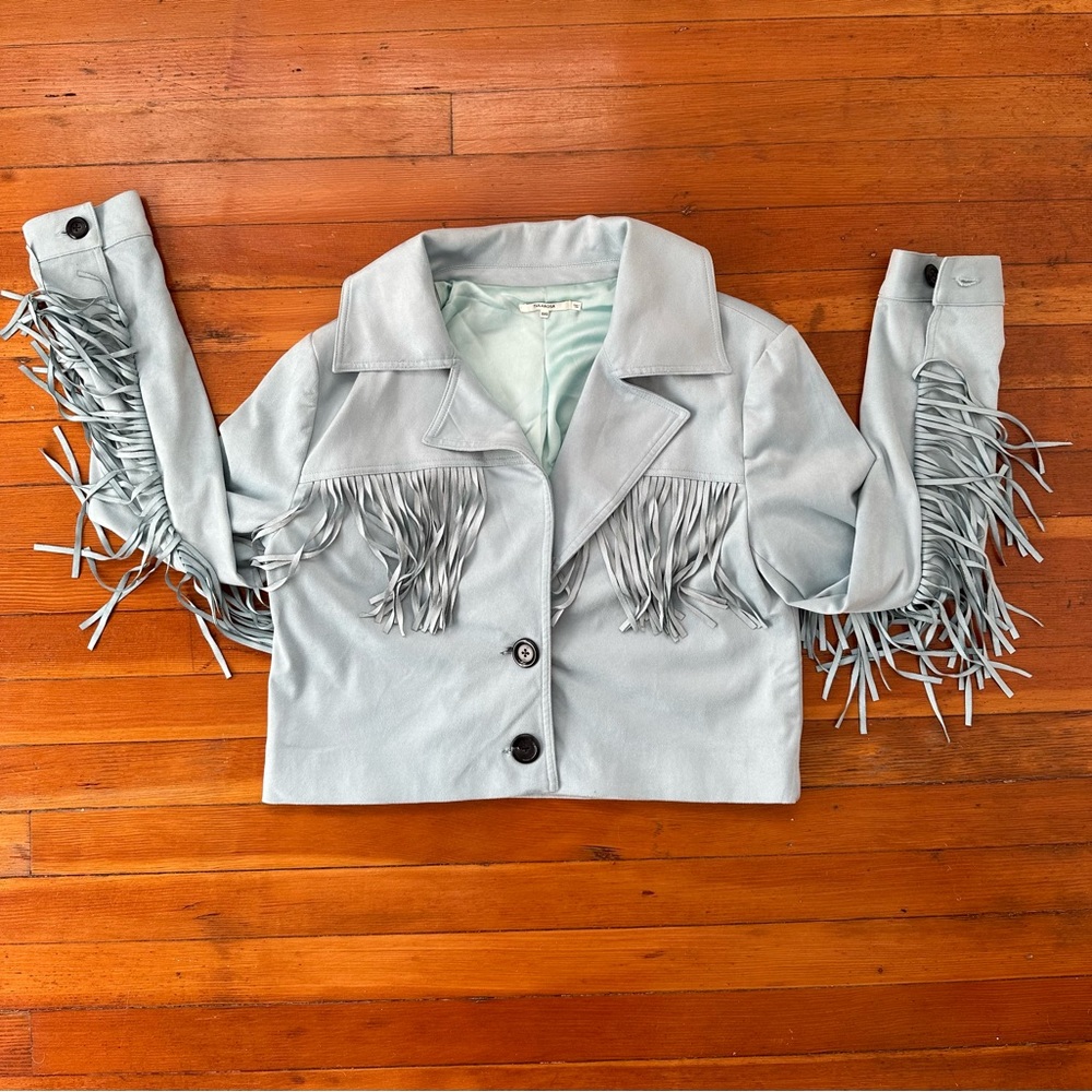 TulaRosa Suede baby blue fringe jacket CROPPED with tassels size xxs